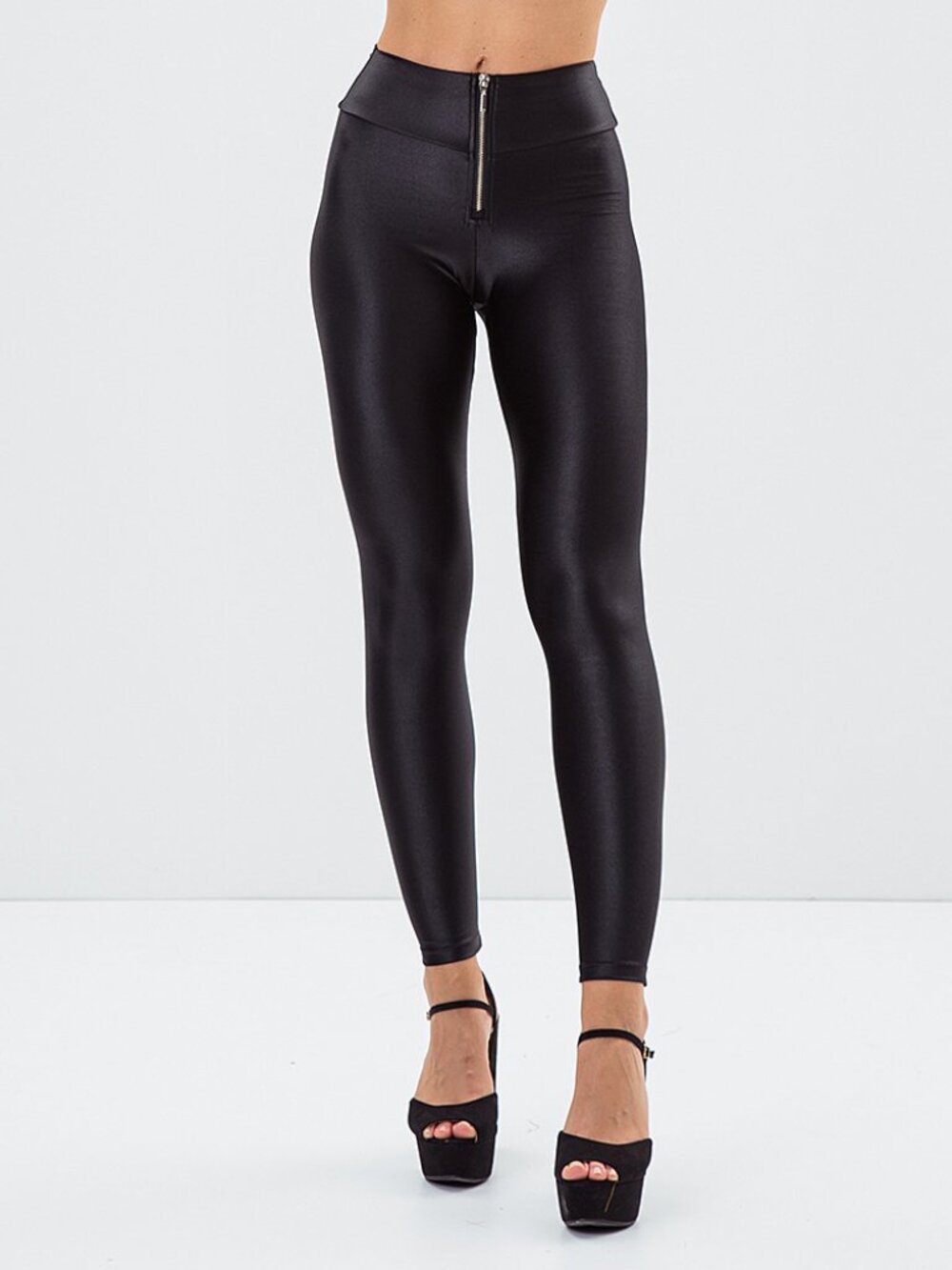 Labellamafia Black Shiny Fabric with Zipper Legging